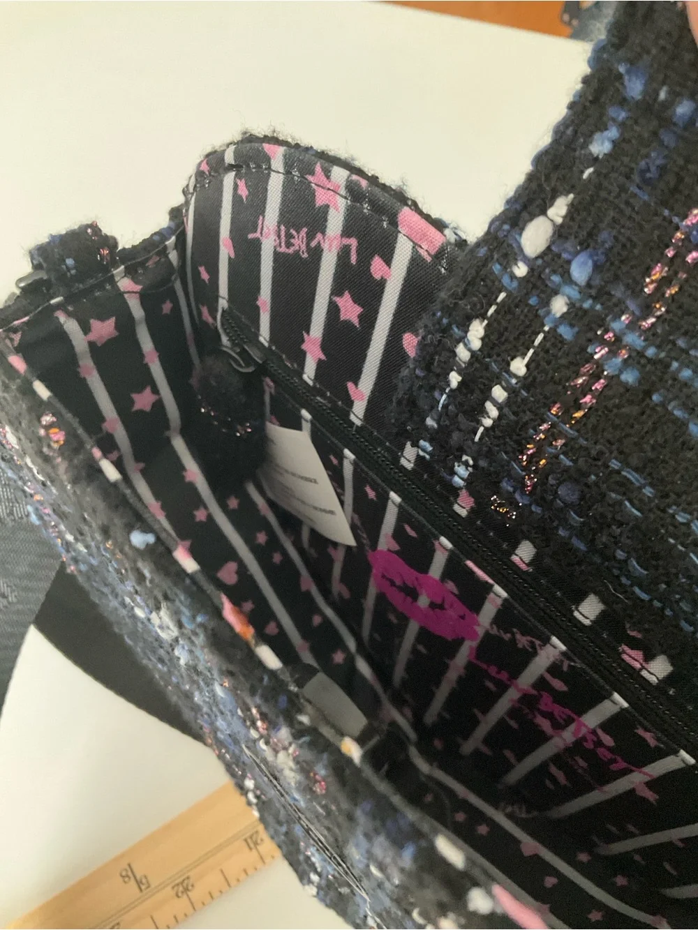 Betsey Johnson Black Tweed Heart Crossbody with Blue & Pink Accents - Picture 6 of 11